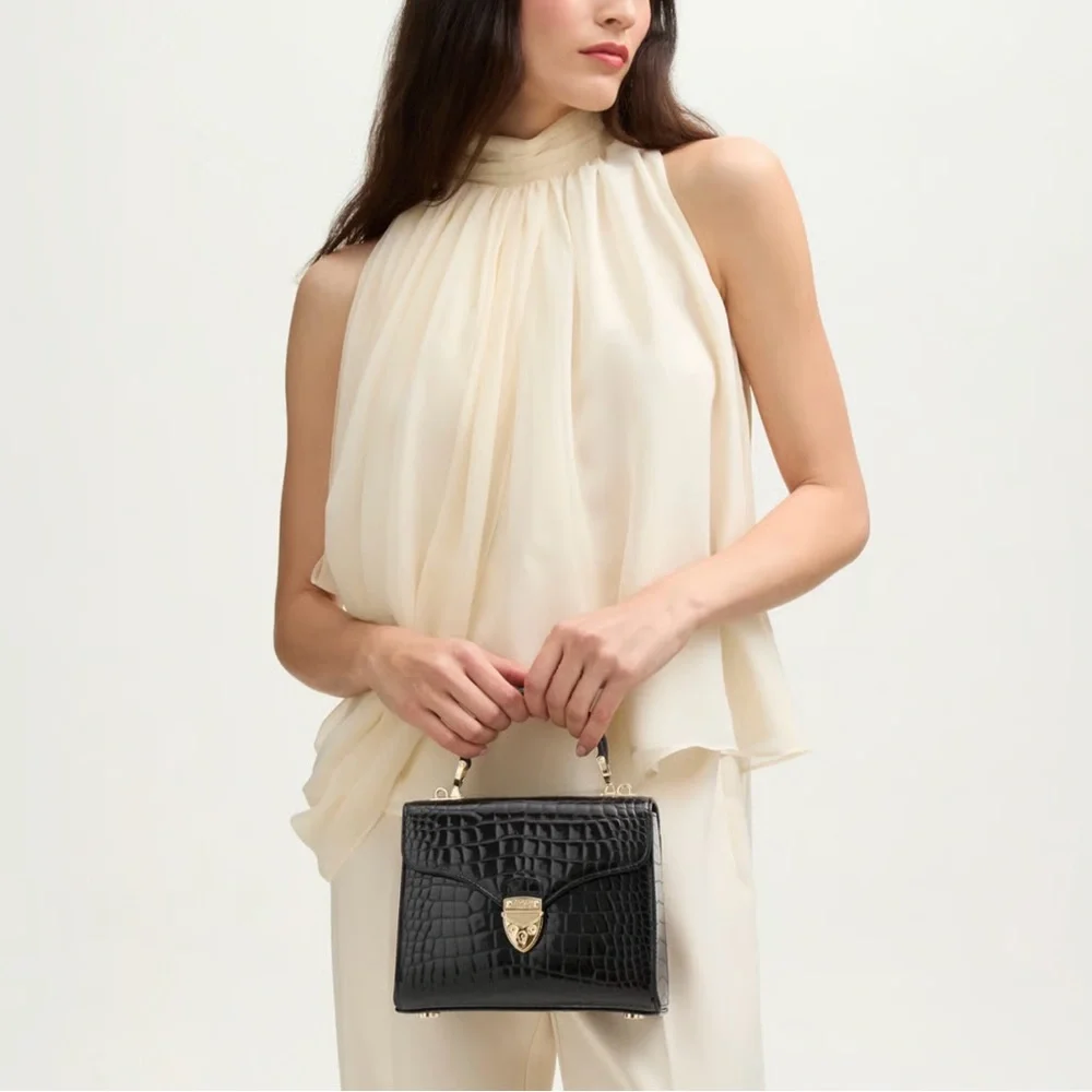 Aspinal of London Midi Mayfair Black Patent Croc Top Handle Crossbody Chain Bag